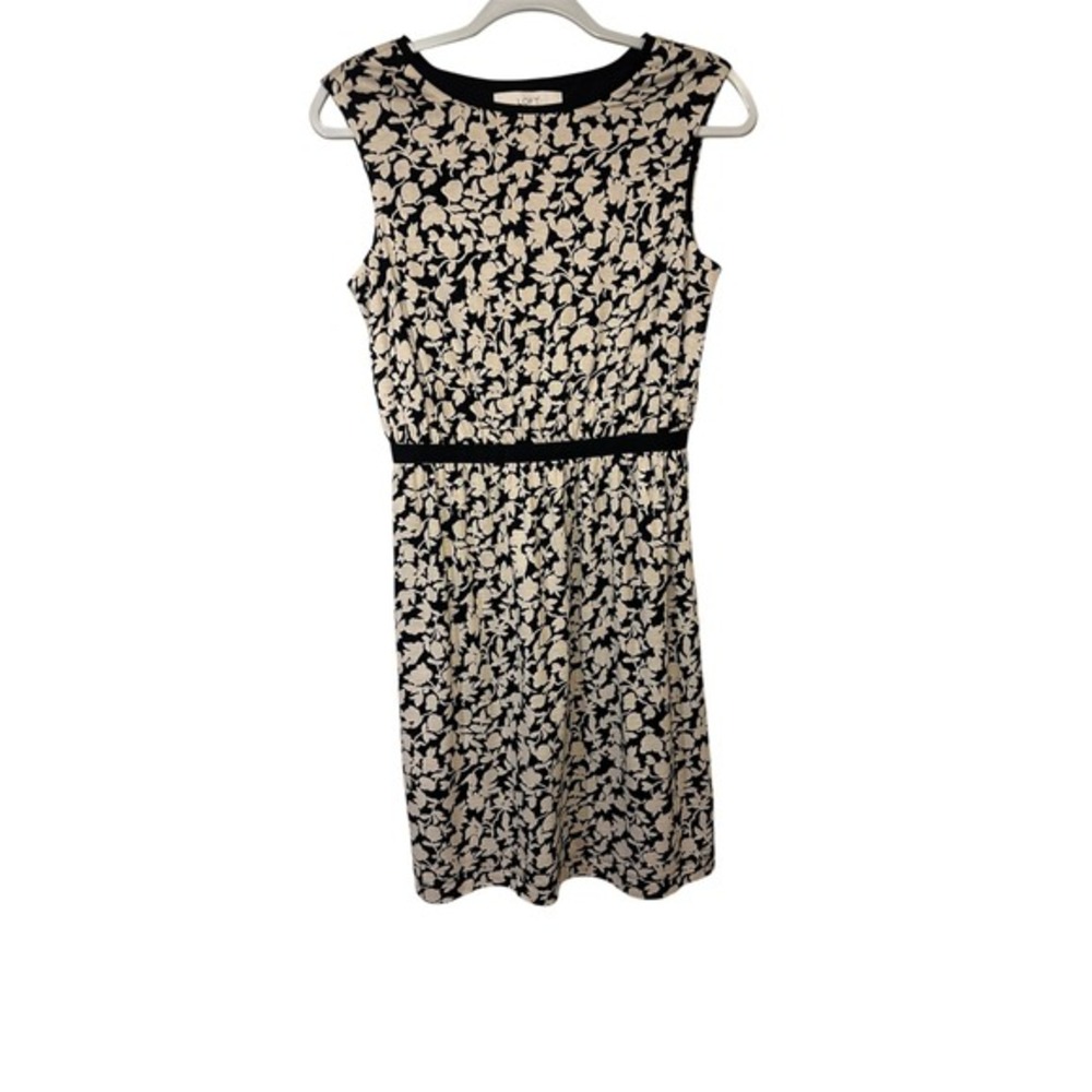 LOFT Women Fit and Flare Dress Black XS Cream Floral Sleeveless Casual Career - Picture 2 of 6